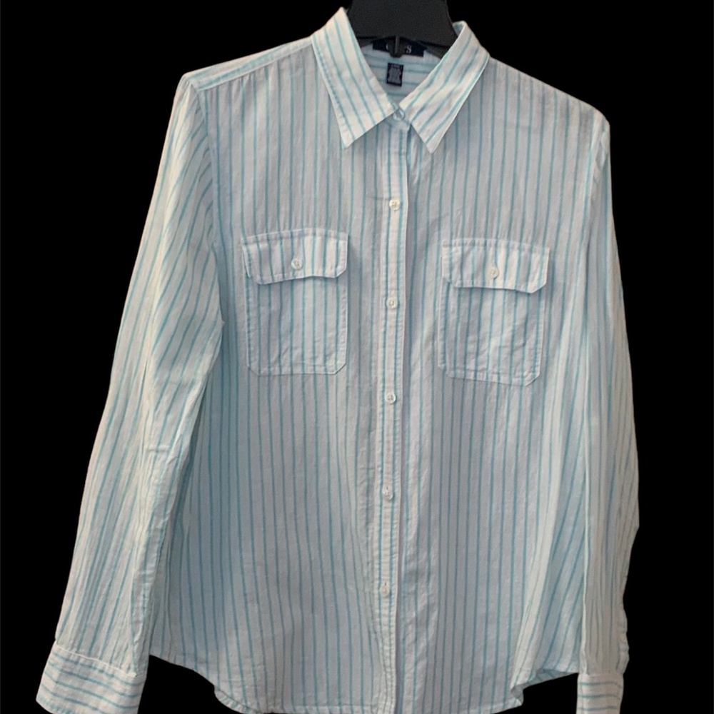 Women’s Chaps Shirt Long Sleeve, Size Large, Color White and Turquoise,